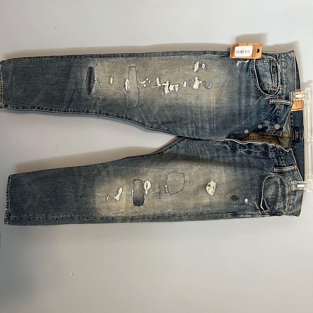 Polo Ralph Lauren Men’s (36X 30) Sullivan Slim Distressed Blue Jeans Button Fly